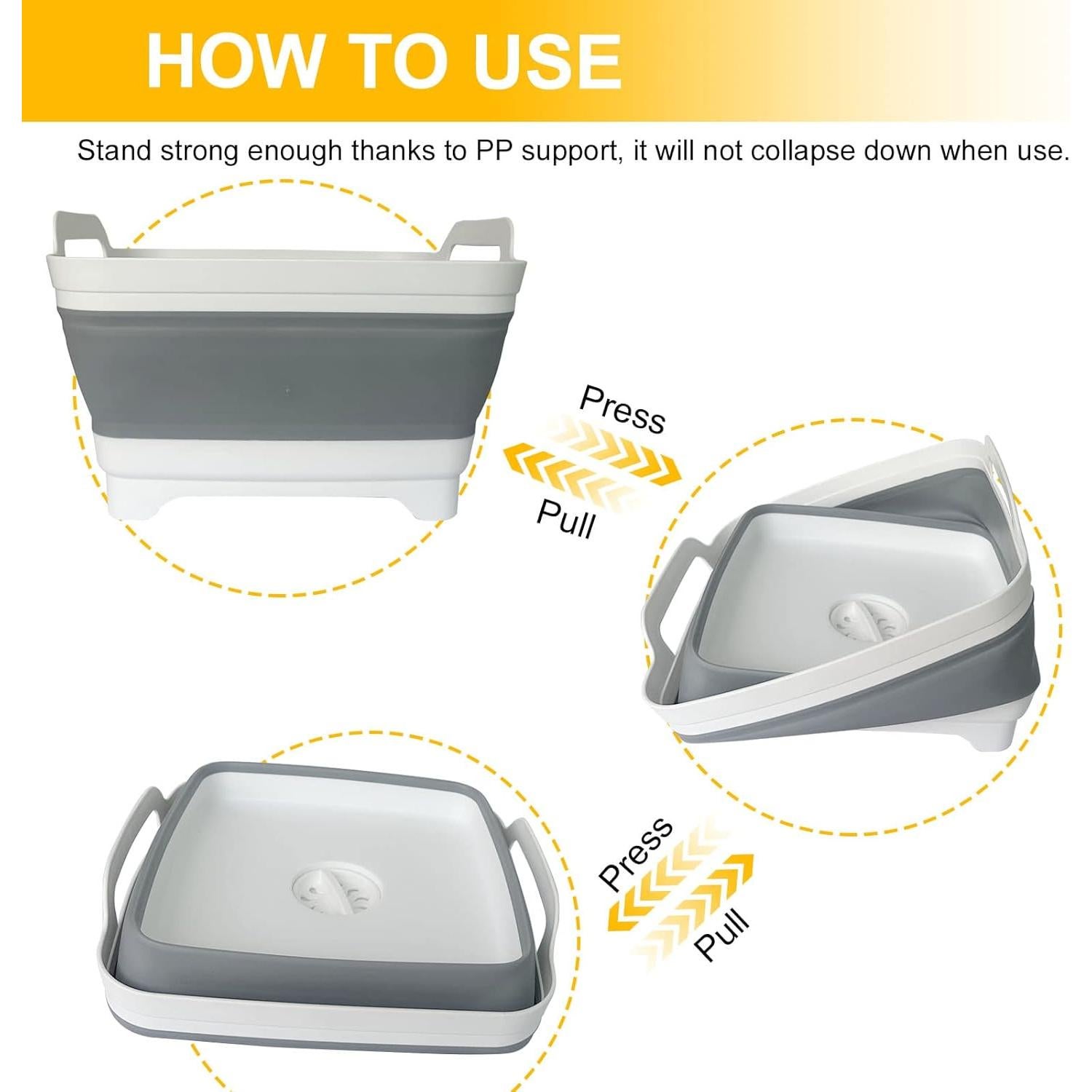 Collapsible Wash Basin with Drain Plug – 2.4 Gallon Portable Sink Tub for Baby Bottles, Dishwashing, RV & Camping | Space Saving Foldable Design | BPA-Free TPR/PP Material (Grey)