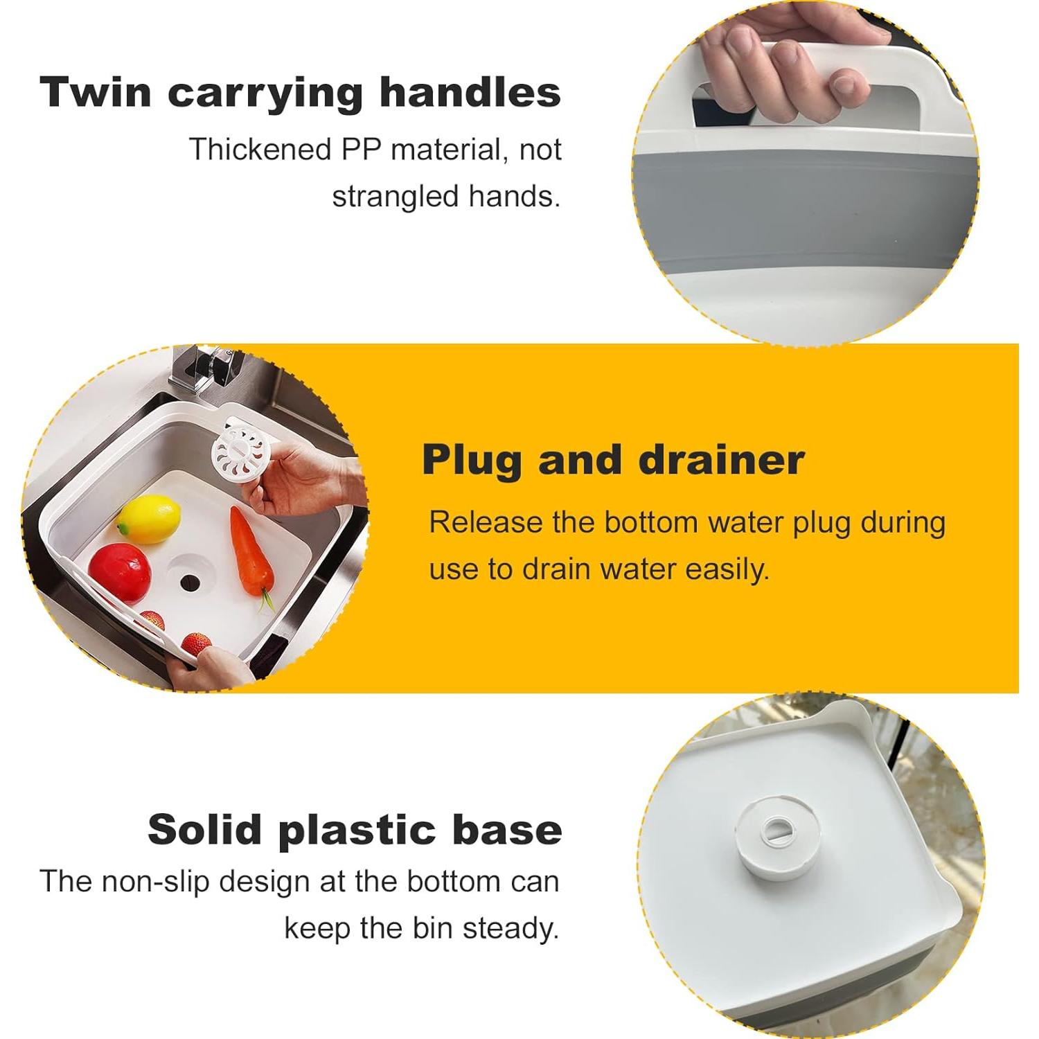 Collapsible Wash Basin with Drain Plug – 2.4 Gallon Portable Sink Tub for Baby Bottles, Dishwashing, RV & Camping | Space Saving Foldable Design | BPA-Free TPR/PP Material (Grey)