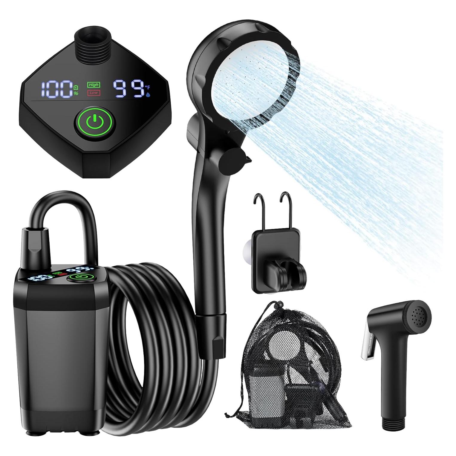 Portable Camping Shower Kit, Lost-Lasting 6000mAh Rechargeable Camp Shower with Sprayer Head, Outdoor Showers Pump 4 Spray Modes, IPX7 Waterproof for Travel, Pet, Plant Watering, Car, Hiking