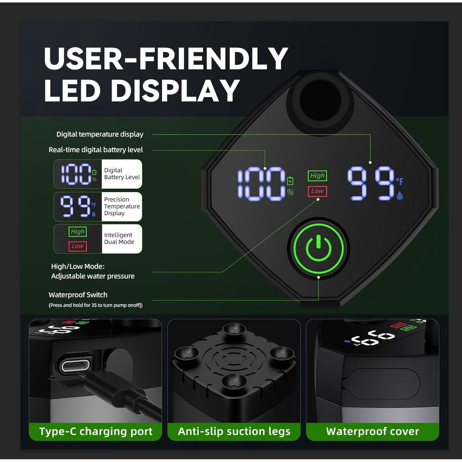 Portable Camping Shower Kit, Lost-Lasting 6000mAh Rechargeable Camp Shower with Sprayer Head, Outdoor Showers Pump 4 Spray Modes, IPX7 Waterproof for Travel, Pet, Plant Watering, Car, Hiking