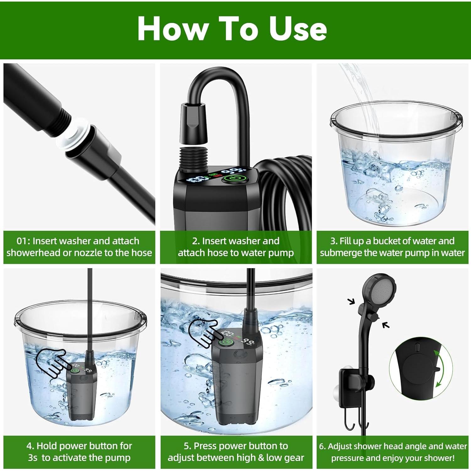 Portable Camping Shower Kit, Lost-Lasting 6000mAh Rechargeable Camp Shower with Sprayer Head, Outdoor Showers Pump 4 Spray Modes, IPX7 Waterproof for Travel, Pet, Plant Watering, Car, Hiking