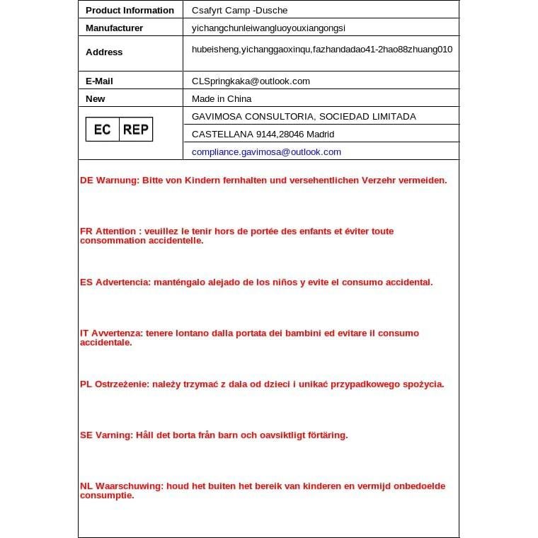 Ducha Solar Portátil Csafyrt 20L con Manguera y Cabezal On/Off