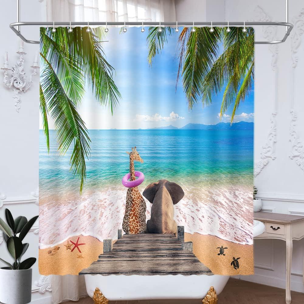 Ocean Beach Shower Curtain Green Palm Tree Leaves Funny Giraffe and Elephant on Wooden Deck Tropical Nautical Fabric Bathroom Curtains Bathtub Decoration 72x72 Inch