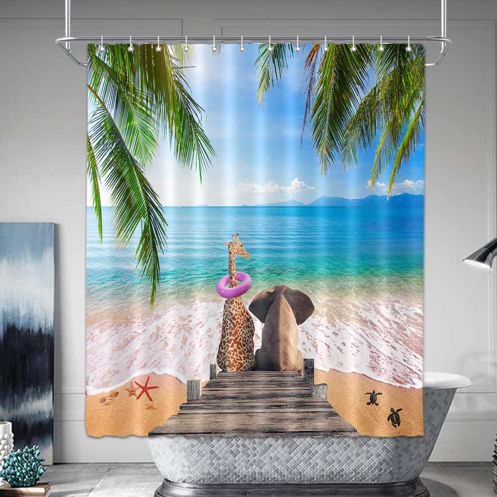 Ocean Beach Shower Curtain Green Palm Tree Leaves Funny Giraffe and Elephant on Wooden Deck Tropical Nautical Fabric Bathroom Curtains Bathtub Decoration 72x72 Inch