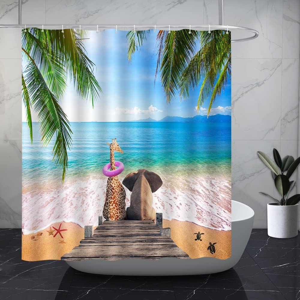 Ocean Beach Shower Curtain Green Palm Tree Leaves Funny Giraffe and Elephant on Wooden Deck Tropical Nautical Fabric Bathroom Curtains Bathtub Decoration 72x72 Inch
