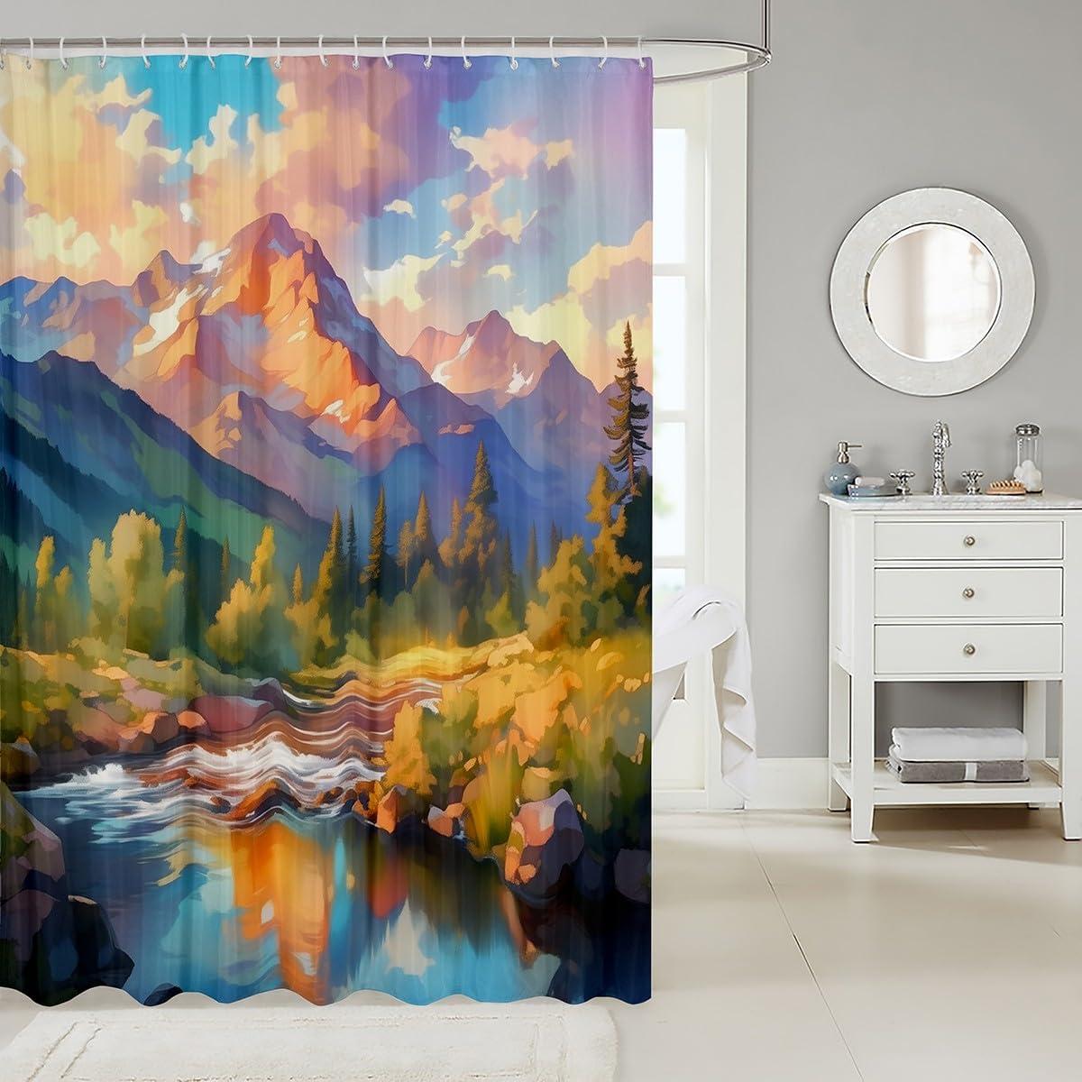 Natural Scenery Kids Shower Curtains,Jungle Pine Trees Mountain River Bathroom Curtains for Boys Girls,Camping Rustic Adventure Green Waterproof Curtains,12 Hooks Suits,72" W x 84" L