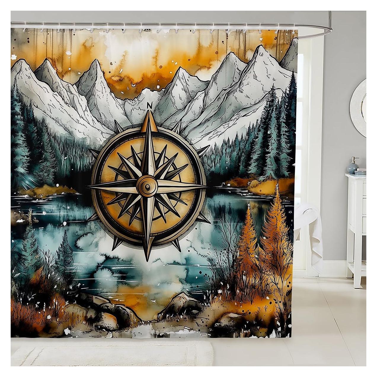 Manfei Compass Kids Shower Curtains,Mountain River Natural Scenery Retro Bathroom Curtains for Boys Girls,Lake House Fishing Adventure Camping Green Waterproof Curtains,12 Hooks Suits,72" W x 78" L