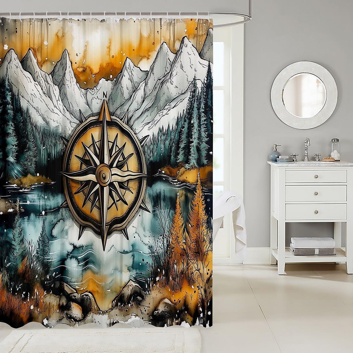 Manfei Compass Kids Shower Curtains,Mountain River Natural Scenery Retro Bathroom Curtains for Boys Girls,Lake House Fishing Adventure Camping Green Waterproof Curtains,12 Hooks Suits,72" W x 78" L