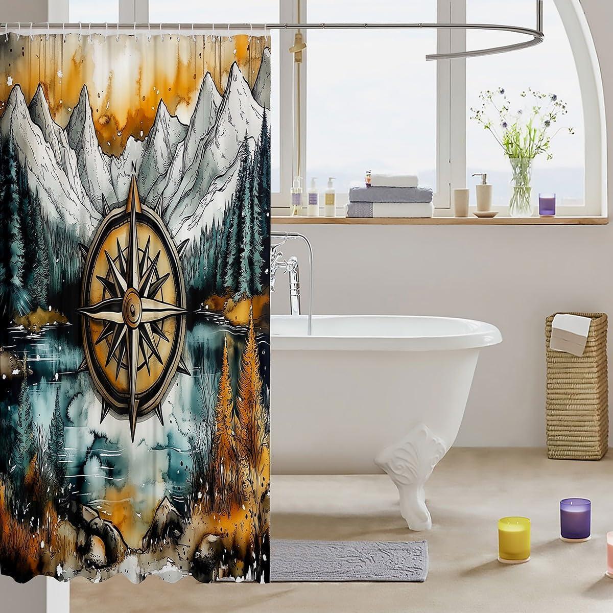 Manfei Compass Kids Shower Curtains,Mountain River Natural Scenery Retro Bathroom Curtains for Boys Girls,Lake House Fishing Adventure Camping Green Waterproof Curtains,12 Hooks Suits,72" W x 78" L