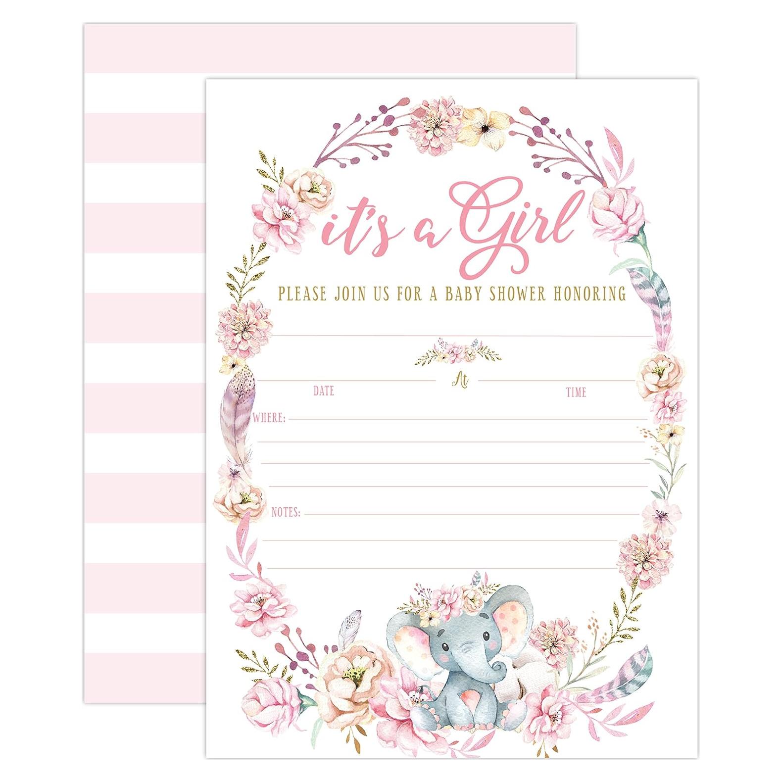 Invitaciones Baby Shower Elefante Rosa - 20 Unidades - Impresiones de Tu Evento Principal