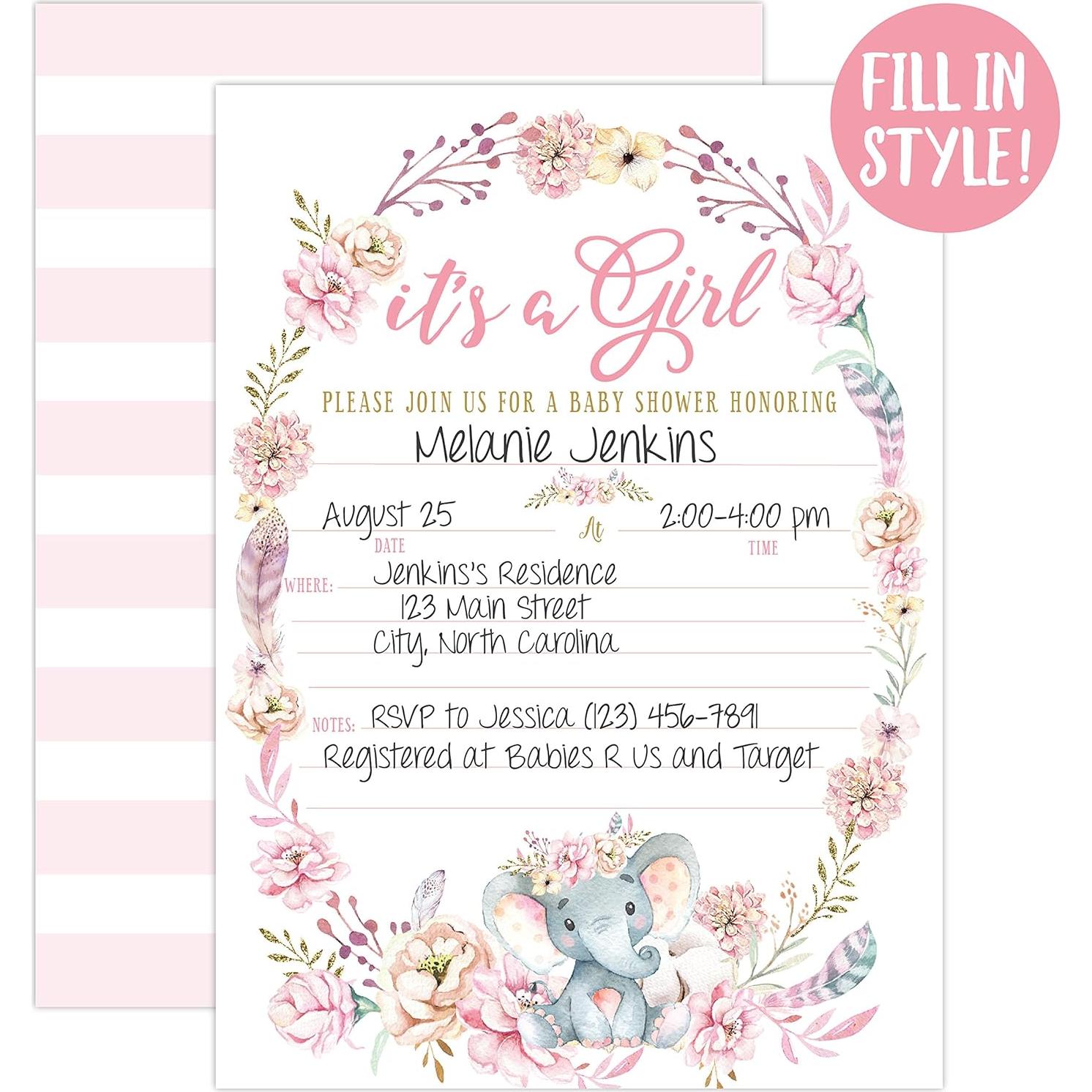 Invitaciones Baby Shower Elefante Rosa - 20 Unidades - Impresiones de Tu Evento Principal