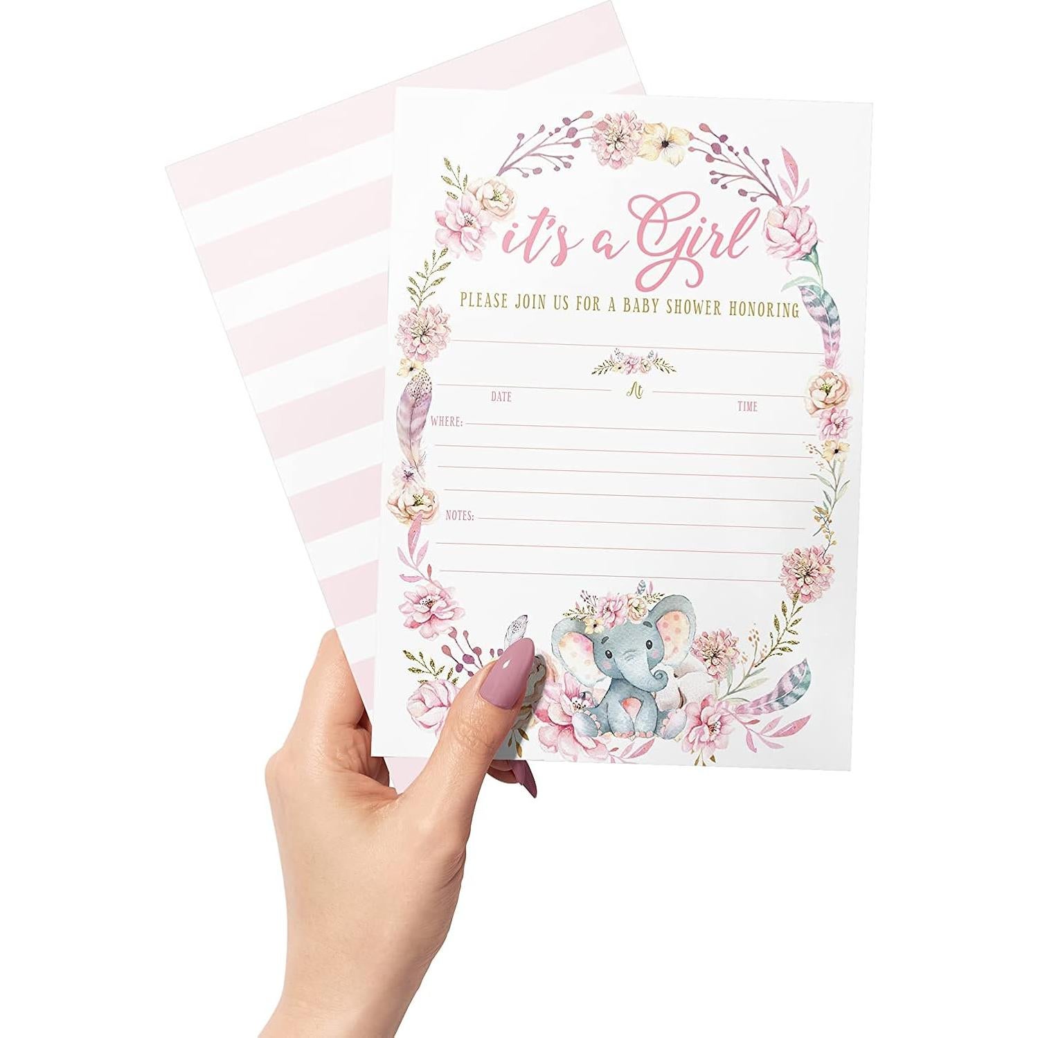 Invitaciones Baby Shower Elefante Rosa - 20 Unidades - Impresiones de Tu Evento Principal