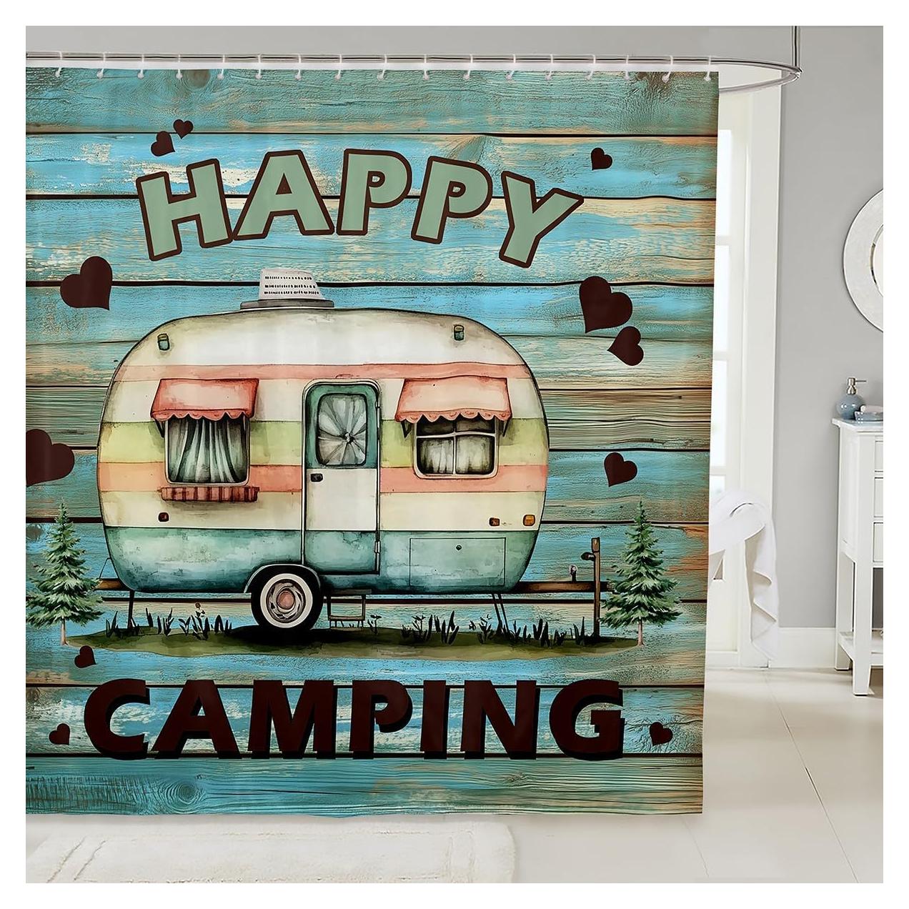 Erosebridal Kids Camper 72" Wx72 L Bathroom Curtain Happy Camping Shower Curtain Travel Car Rv Bath Curtain Green Rustic Barn Door Bathroom Accessories for Boys Girls