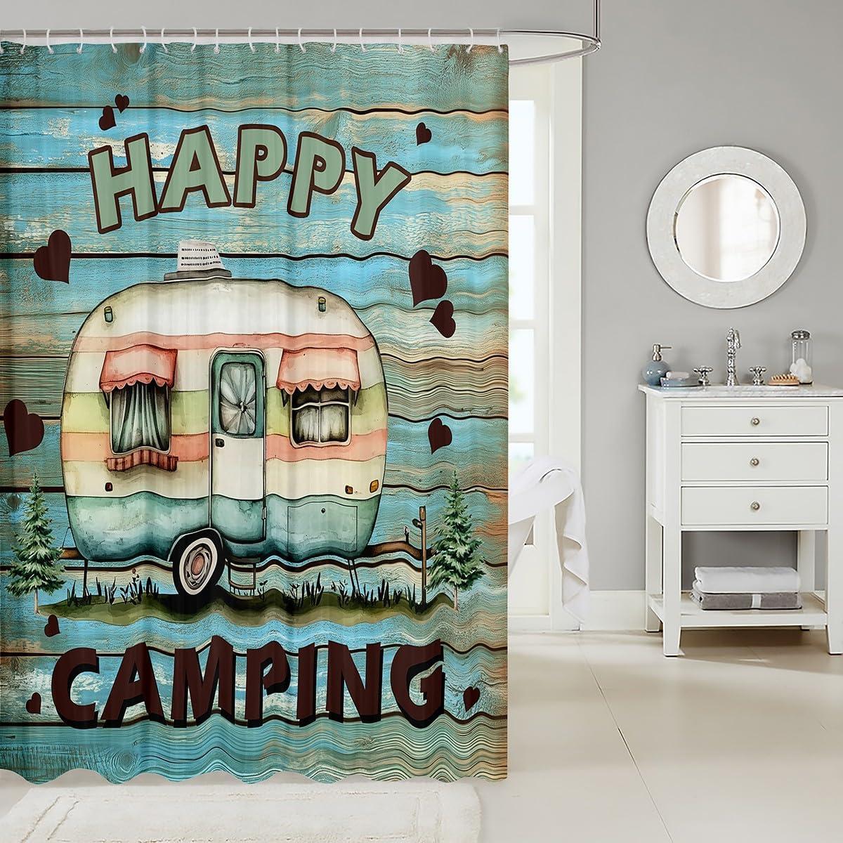 Erosebridal Kids Camper 72" Wx72 L Bathroom Curtain Happy Camping Shower Curtain Travel Car Rv Bath Curtain Green Rustic Barn Door Bathroom Accessories for Boys Girls