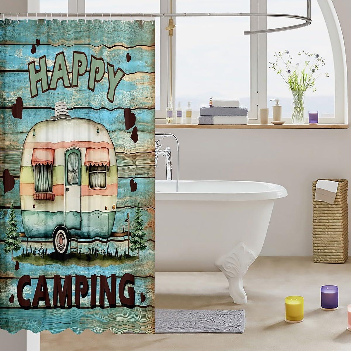 Erosebridal Kids Camper 72" Wx72 L Bathroom Curtain Happy Camping Shower Curtain Travel Car Rv Bath Curtain Green Rustic Barn Door Bathroom Accessories for Boys Girls
