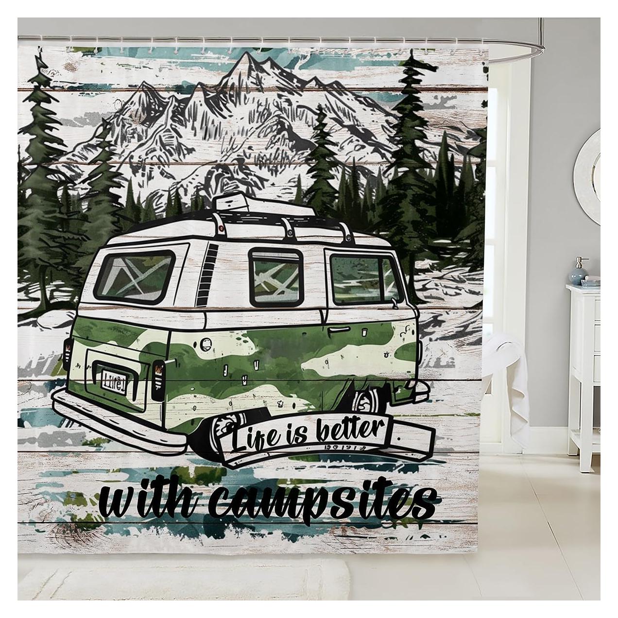 Manfei Camping Kids Shower Curtains Green Camper RV Waterproof Bath Curtains with 12 Hooks Suits for Bathtub, Mountains Adventure Theme Bathroom Curtains for Boys Teen Adults Room Decor, 72" W x 84" L