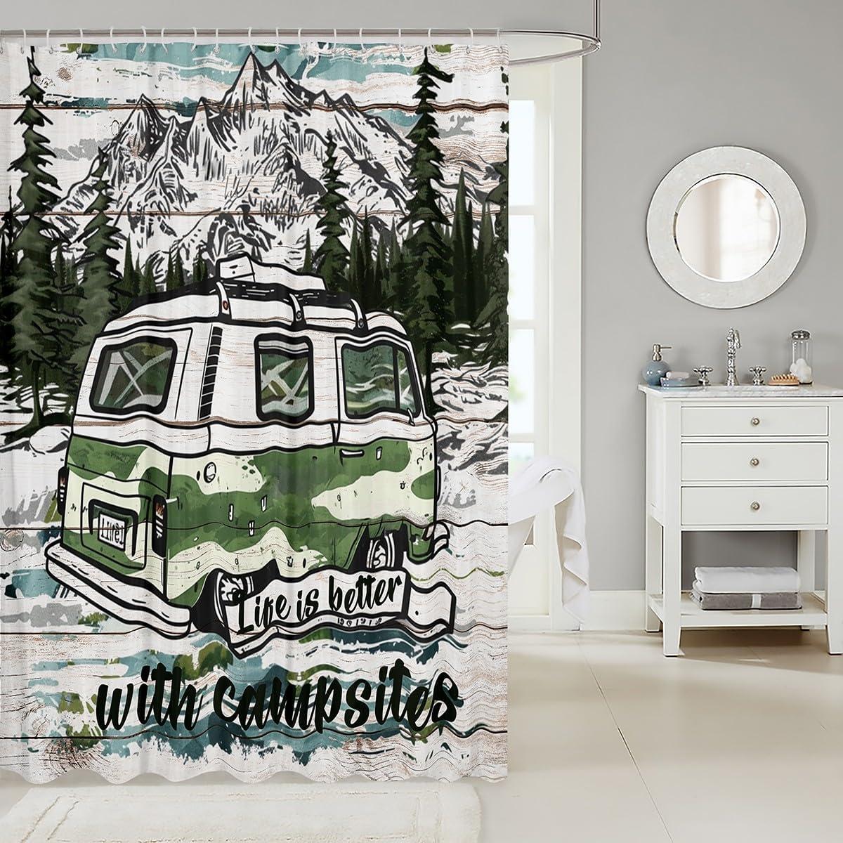 Manfei Camping Kids Shower Curtains Green Camper RV Waterproof Bath Curtains with 12 Hooks Suits for Bathtub, Mountains Adventure Theme Bathroom Curtains for Boys Teen Adults Room Decor, 72" W x 84" L