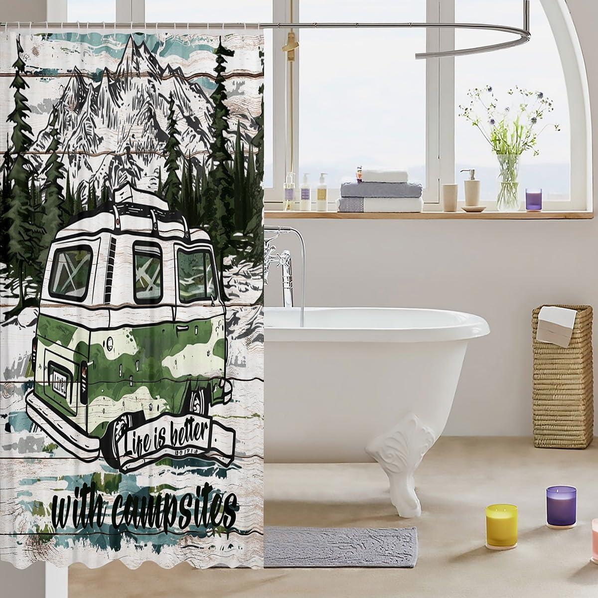 Manfei Camping Kids Shower Curtains Green Camper RV Waterproof Bath Curtains with 12 Hooks Suits for Bathtub, Mountains Adventure Theme Bathroom Curtains for Boys Teen Adults Room Decor, 72" W x 84" L