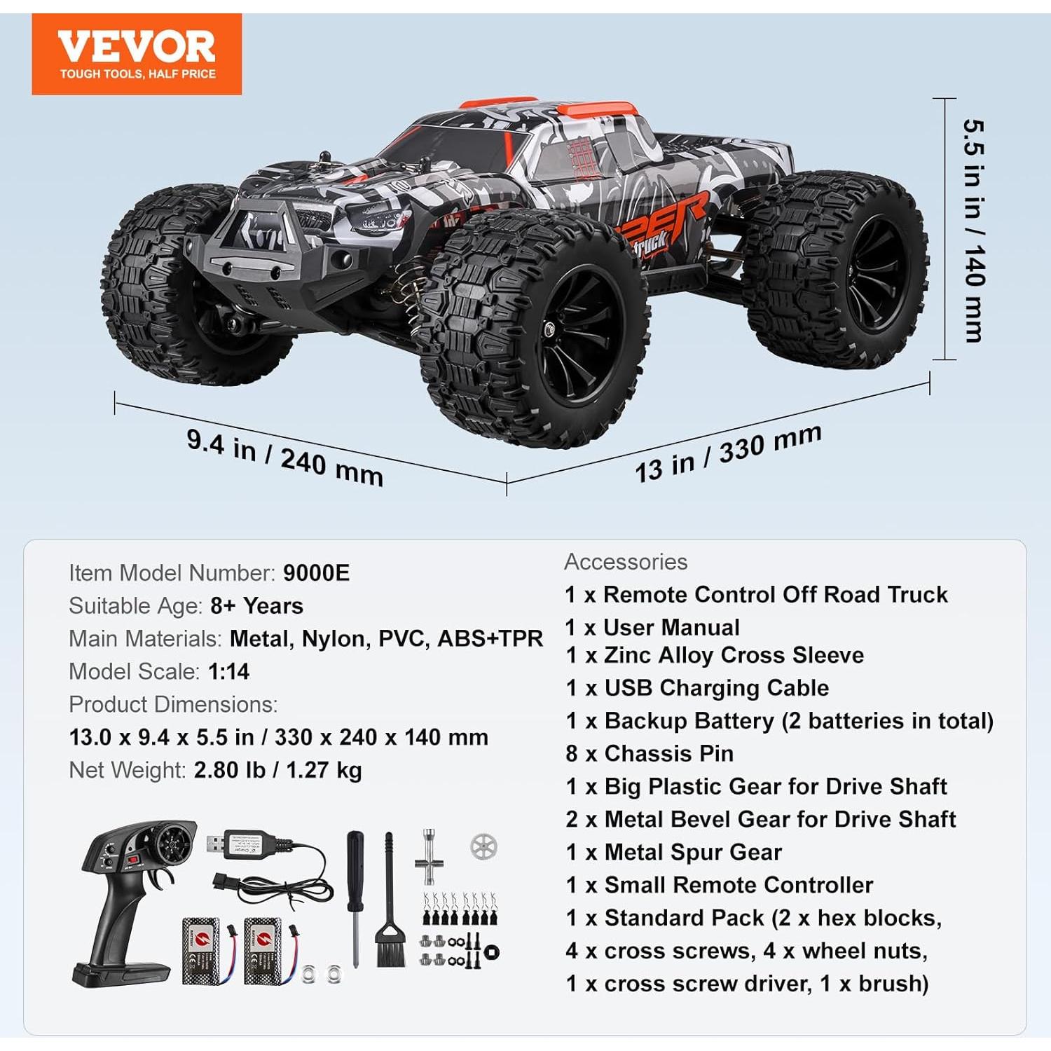 Coche RC VEVOR 1:14 Todo Terreno 4WD 38 km/h para Niños