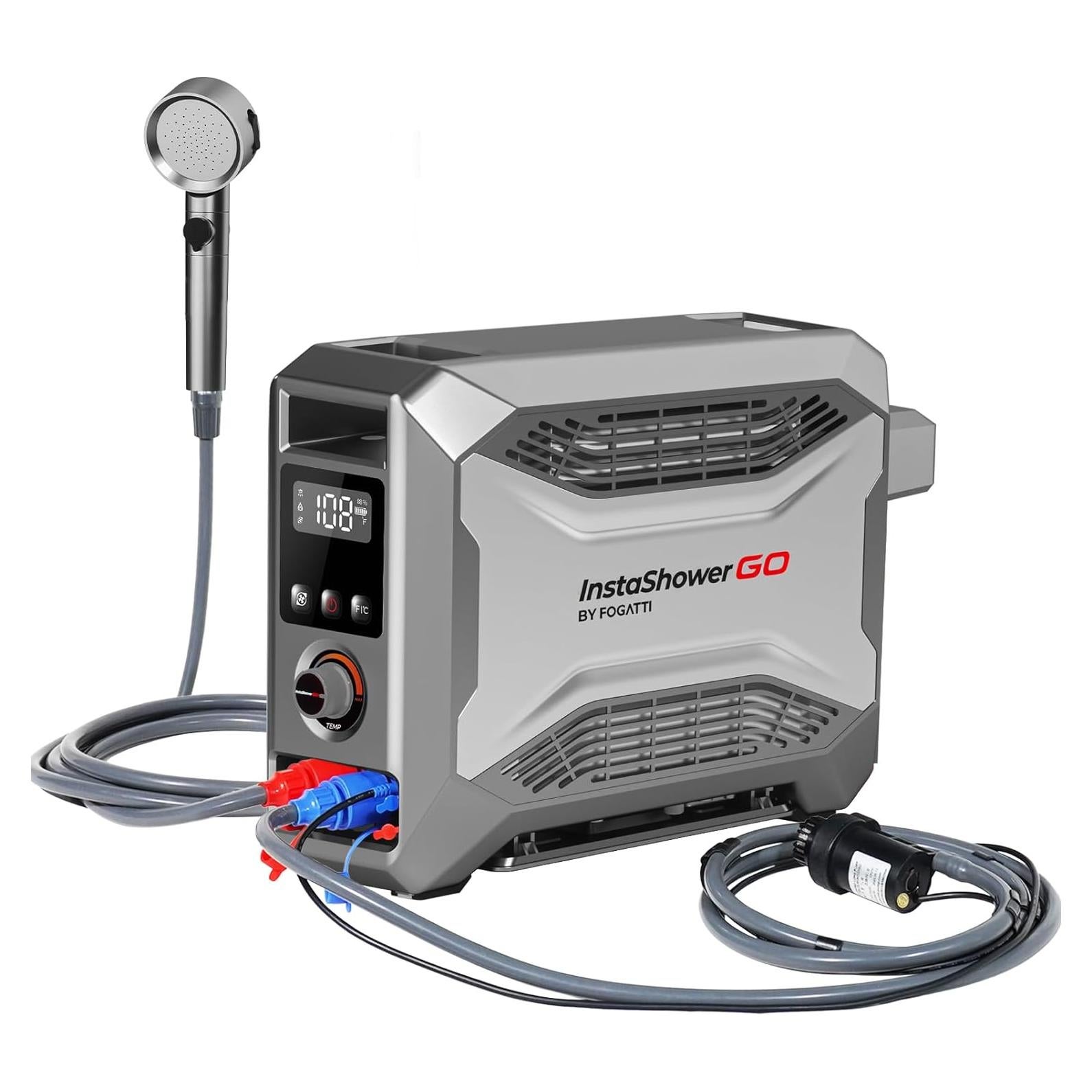 InstaShower GO, Portable Propane Tankless Water Heater 19,000 BTU, with 5000mAh Rechargeable Built-in Battery, DC 12V, Outdoor Camping Shower