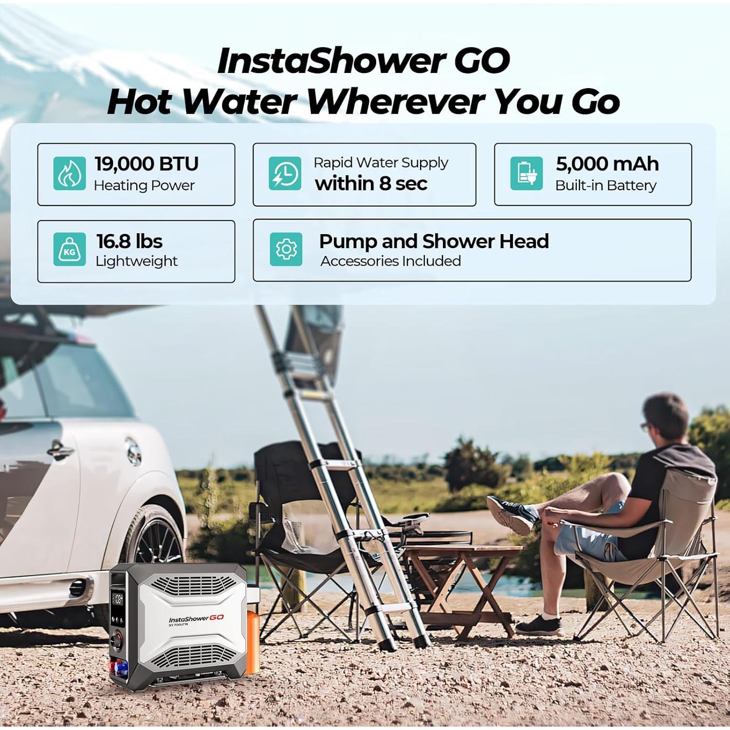 InstaShower GO, Portable Propane Tankless Water Heater 19,000 BTU, with 5000mAh Rechargeable Built-in Battery, DC 12V, Outdoor Camping Shower