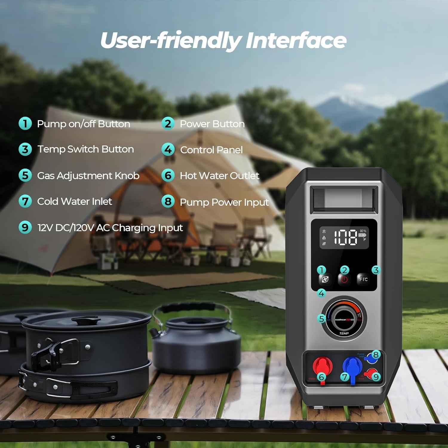 InstaShower GO, Portable Propane Tankless Water Heater 19,000 BTU, with 5000mAh Rechargeable Built-in Battery, DC 12V, Outdoor Camping Shower