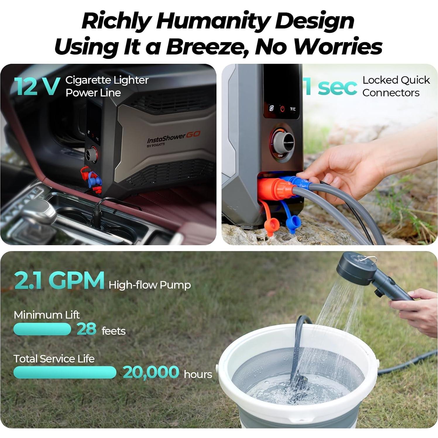 InstaShower GO, Portable Propane Tankless Water Heater 19,000 BTU, with 5000mAh Rechargeable Built-in Battery, DC 12V, Outdoor Camping Shower