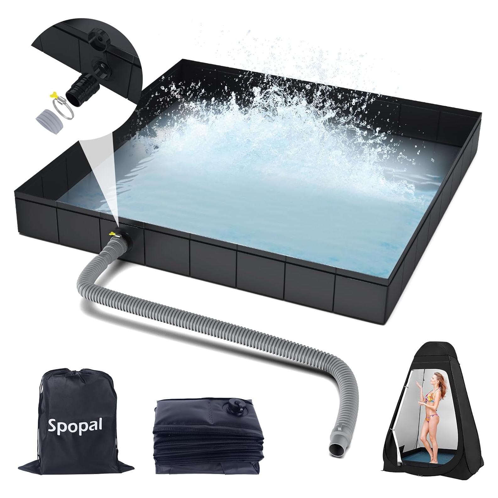 Portable Shower Pan, Foldable Shower Base & Basin Floor with Detachable Drain Pipe, for RV, Outdoor,Indoor Shower Stall Enclosures (Black)