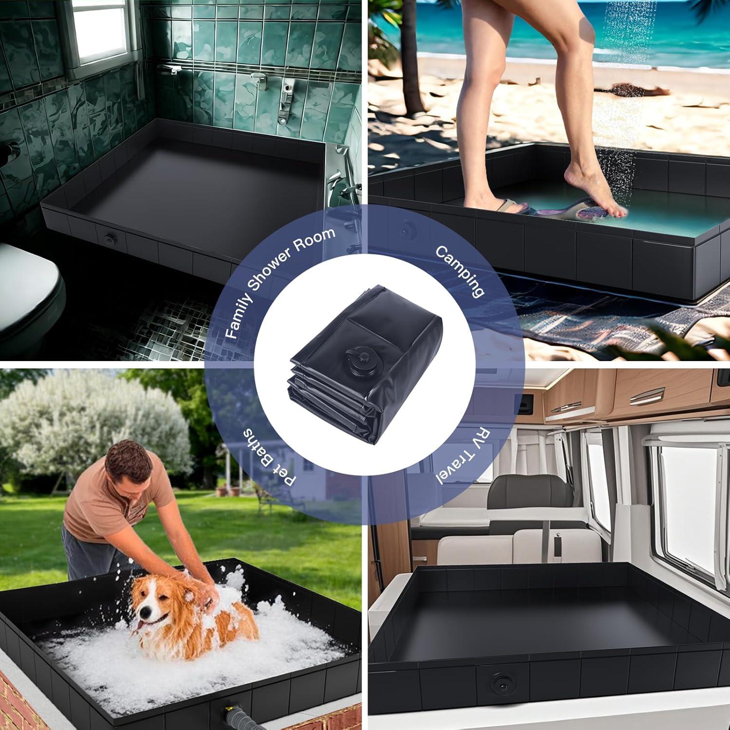 Portable Shower Pan, Foldable Shower Base & Basin Floor with Detachable Drain Pipe, for RV, Outdoor,Indoor Shower Stall Enclosures (Black)