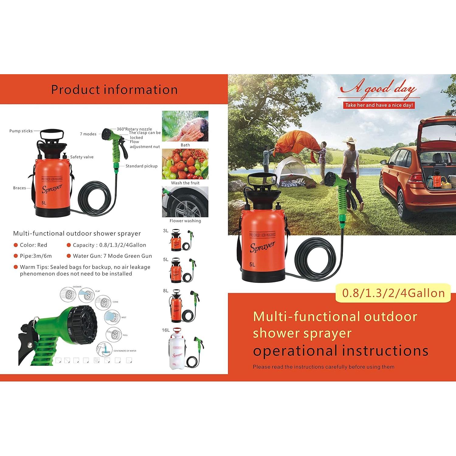 CLICIC 2 Gallon Pressure Sprayer with 7 Spray Modes, Camping Shower with Removable Hose and Shower Head for Camping Outdoor Traveling Hiking and Pet Bath, 8L