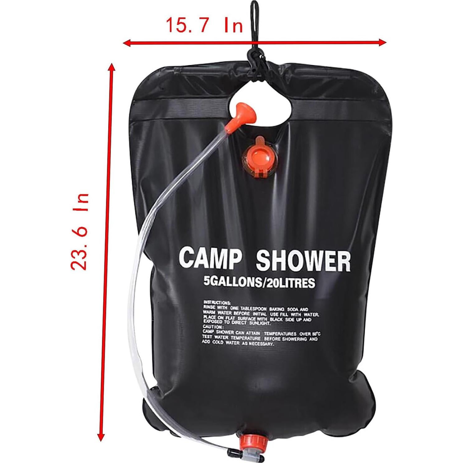 YIKANGHENG Solar Heating Shower Bag, 23.6 in x 15.7 in 20 L/ 5 Gallons PVC Water Wash Bag for Outdoors and Camping (Black)