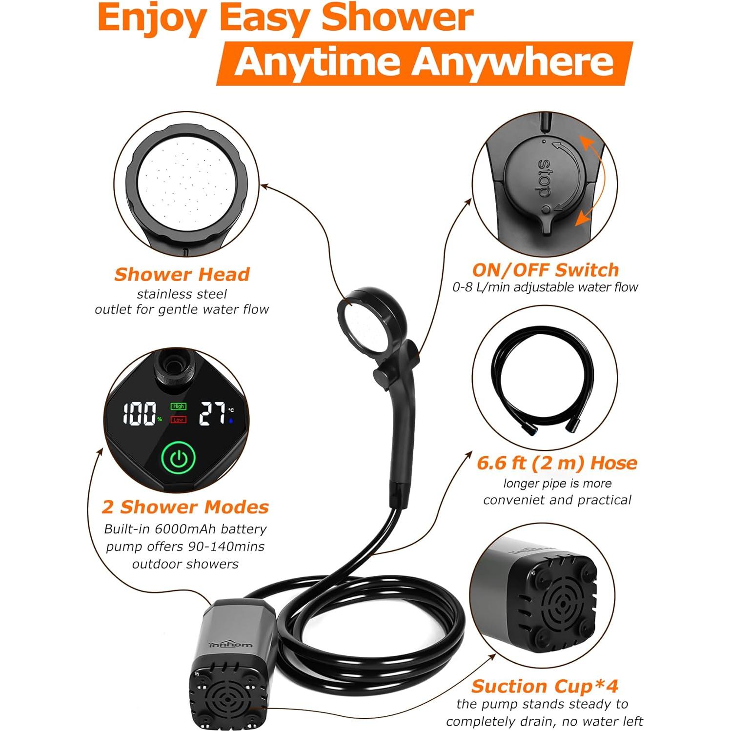 Ducha Portátil innhom A21 Recargable 6000mAh con LED