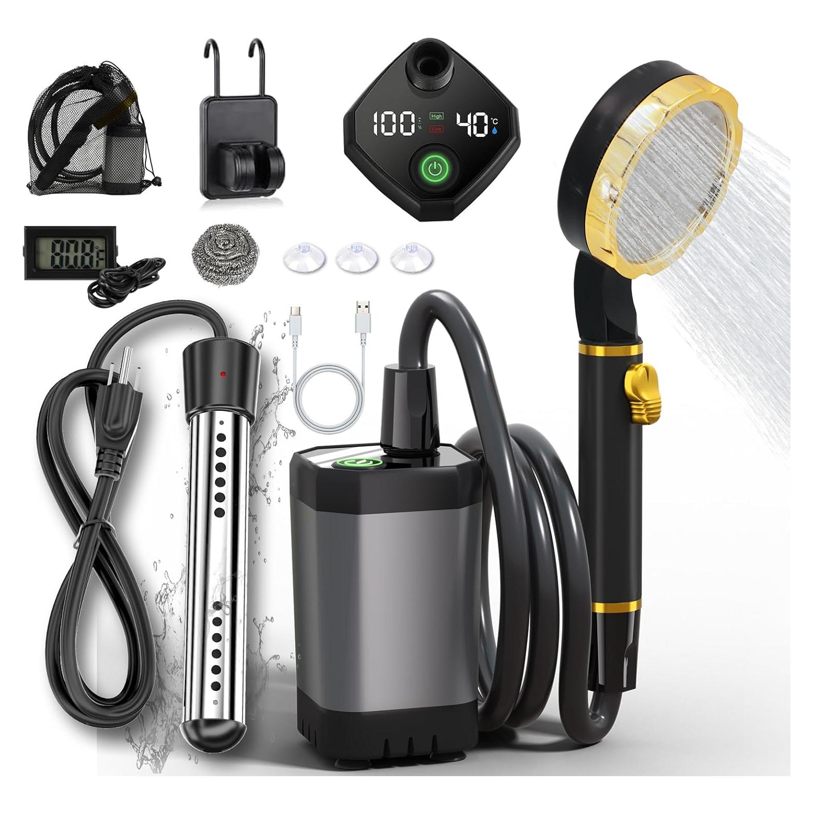 BSEED Portable Shower for Camping with Immersion Water Heater, 6000mAh Rechargeable Camping Shower with Intelligent LED Display, Outdoor Shower for Hiking, Travel, Pets & Car Washing, Wartering Plants