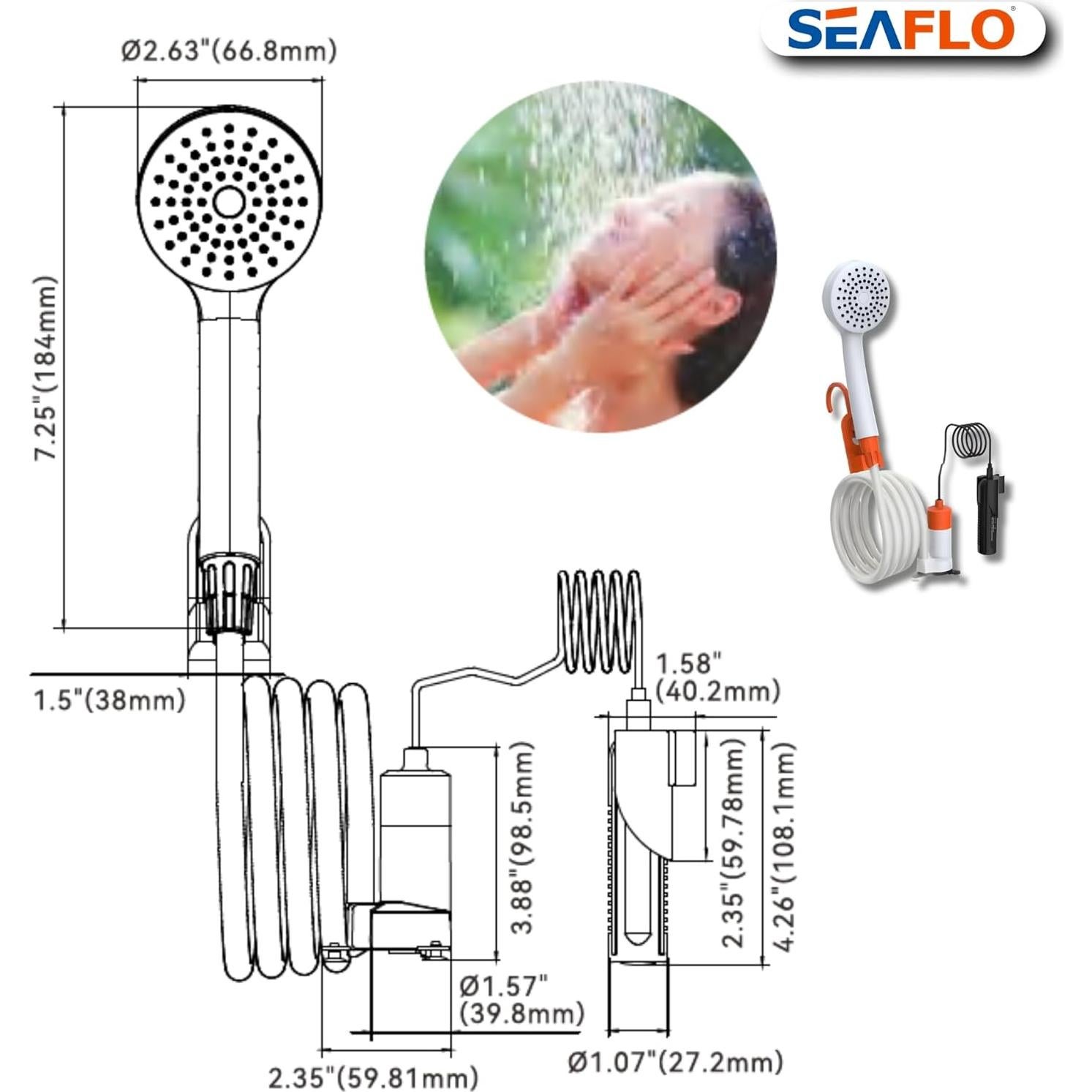 Ducha Portátil SEAFLO para Camping 2.64 GPM Batería Recargable