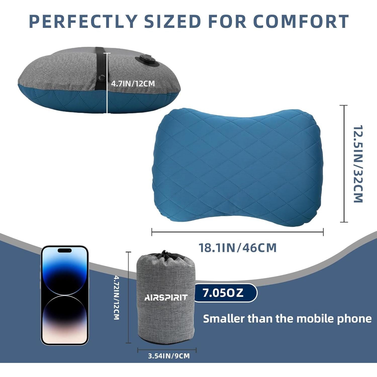 Almohada Inflable Camping AIRSPIRIT Azul 14x9 cm Ajustable