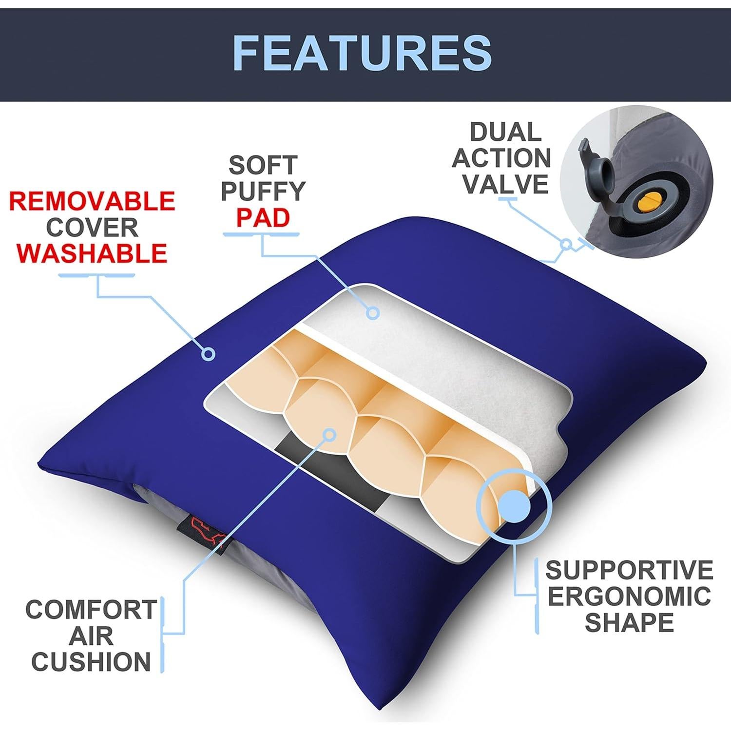 X-Foam Inflatable Camping Pillow Lite with Removable Foaming Cover | Comfortable, Washable Ultralight Portable with Neck Lumbar Support | Backpacking, Hiking, Travel, Air | Small (Ocean Blue)