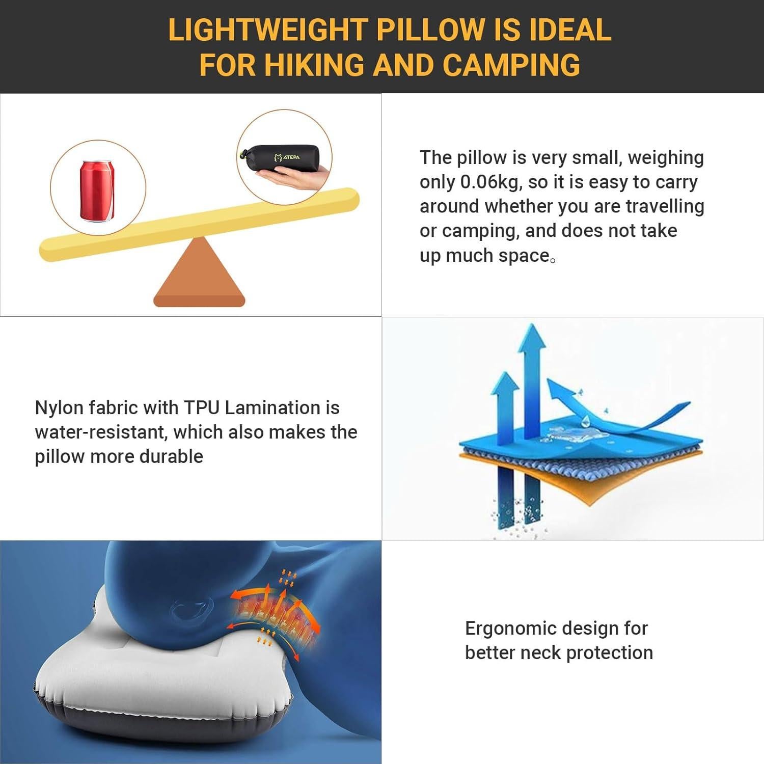 Almohada Inflable ATEPA Negra Ergonómica 43.94x27.94cm