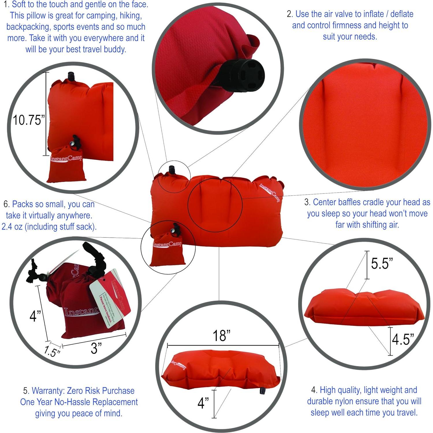 Almohada Inflable Ultraligera InstantCamp 68g Compacta Naranja