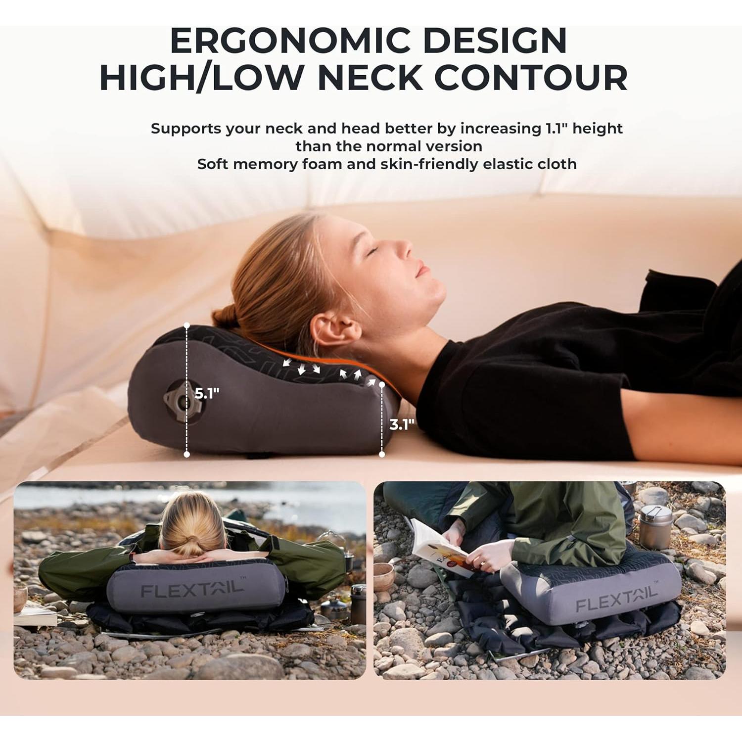 Almohada Inflable para Camping FLEXTAILGEAR Gris 1.1" Gruesa