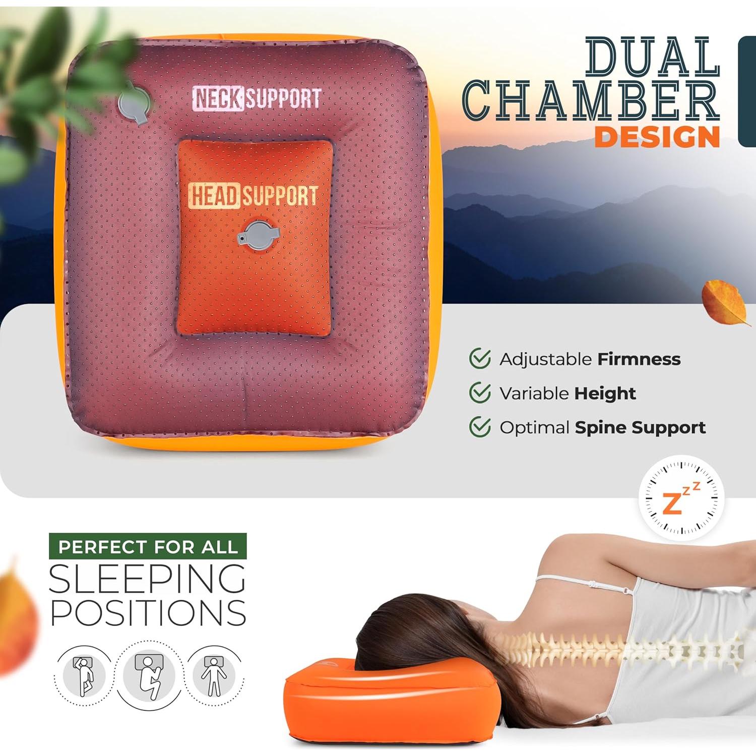 Skogzilla- Camping Inflatable Pillow Dual Chamber Ultralight Backpacking Pillow for Camping, Hiking & Travel, Blow Up Pillow with Adjustable Neck & Lumbar Support, Compact Portable- Orange