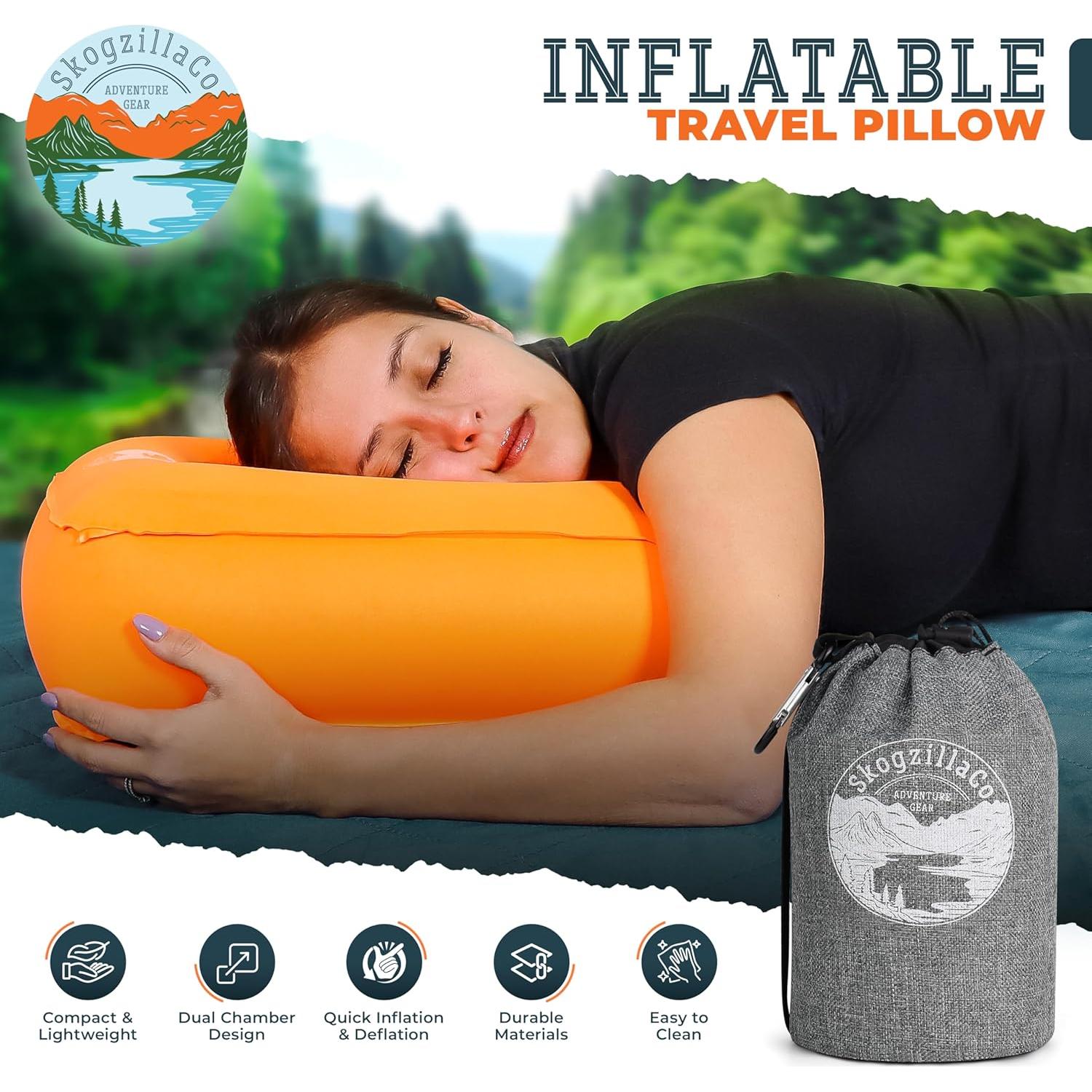 Skogzilla- Camping Inflatable Pillow Dual Chamber Ultralight Backpacking Pillow for Camping, Hiking & Travel, Blow Up Pillow with Adjustable Neck & Lumbar Support, Compact Portable- Orange