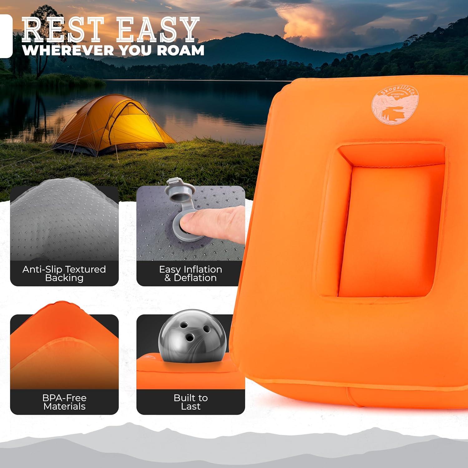 Skogzilla- Camping Inflatable Pillow Dual Chamber Ultralight Backpacking Pillow for Camping, Hiking & Travel, Blow Up Pillow with Adjustable Neck & Lumbar Support, Compact Portable- Orange