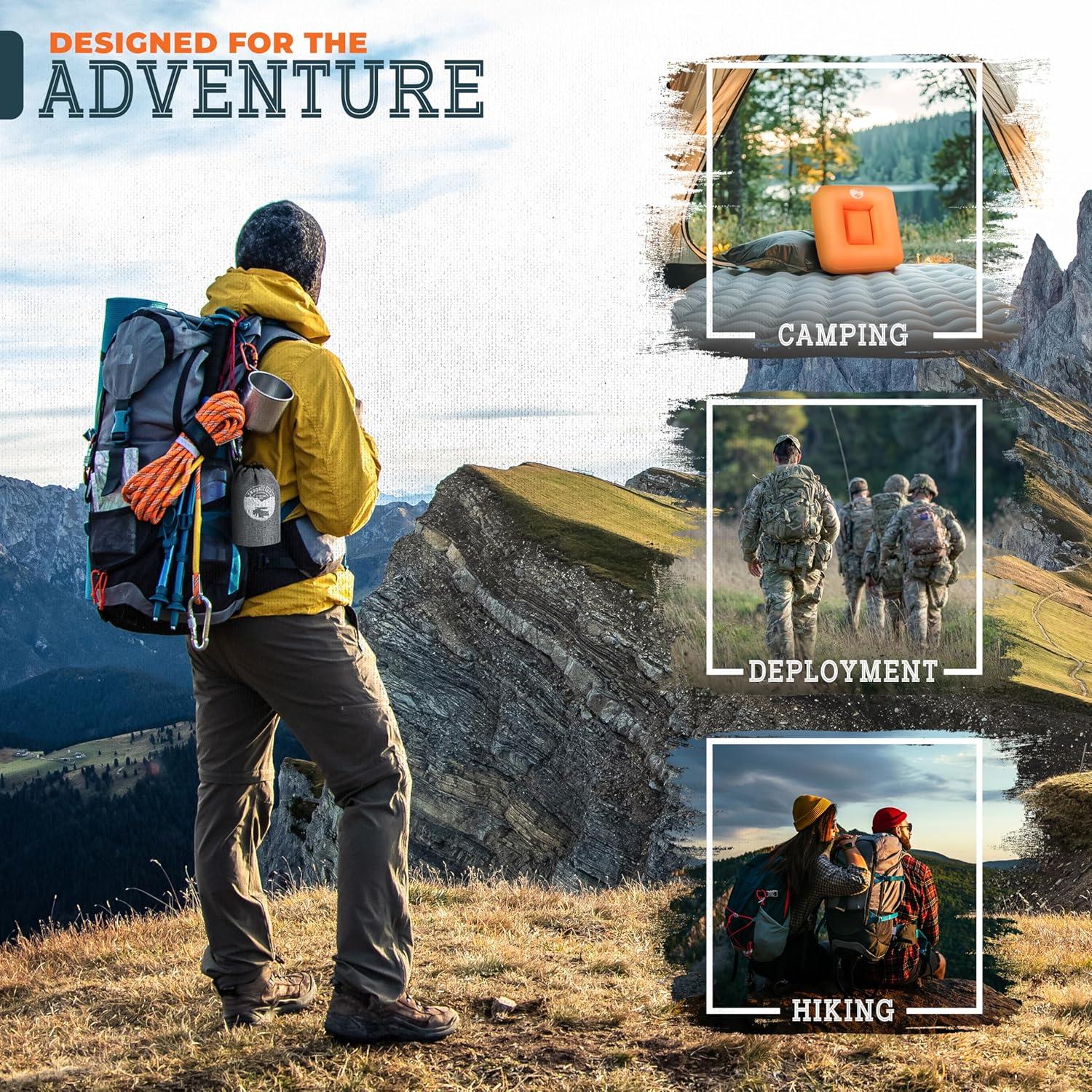 Skogzilla- Camping Inflatable Pillow Dual Chamber Ultralight Backpacking Pillow for Camping, Hiking & Travel, Blow Up Pillow with Adjustable Neck & Lumbar Support, Compact Portable- Orange