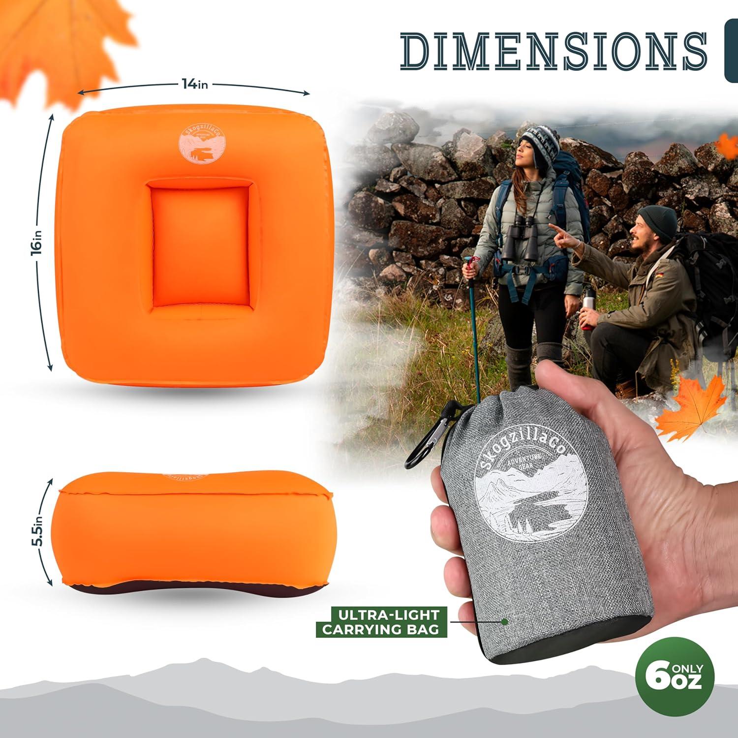 Skogzilla- Camping Inflatable Pillow Dual Chamber Ultralight Backpacking Pillow for Camping, Hiking & Travel, Blow Up Pillow with Adjustable Neck & Lumbar Support, Compact Portable- Orange
