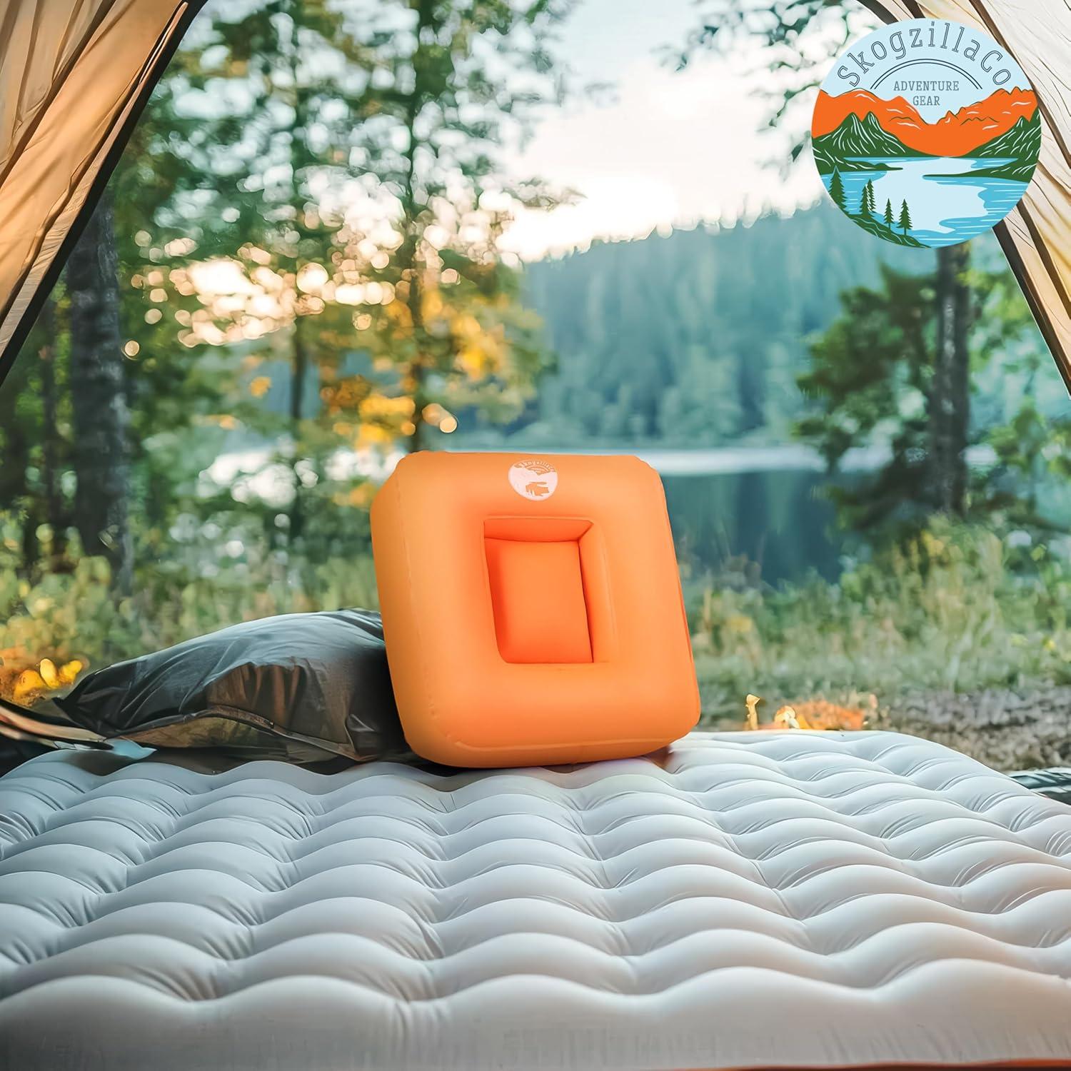 Skogzilla- Camping Inflatable Pillow Dual Chamber Ultralight Backpacking Pillow for Camping, Hiking & Travel, Blow Up Pillow with Adjustable Neck & Lumbar Support, Compact Portable- Orange