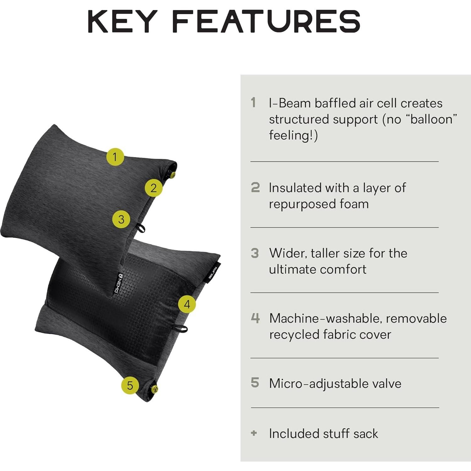 Almohada de Camping NEMO Fillo King - Perla Negra 15.24 cm