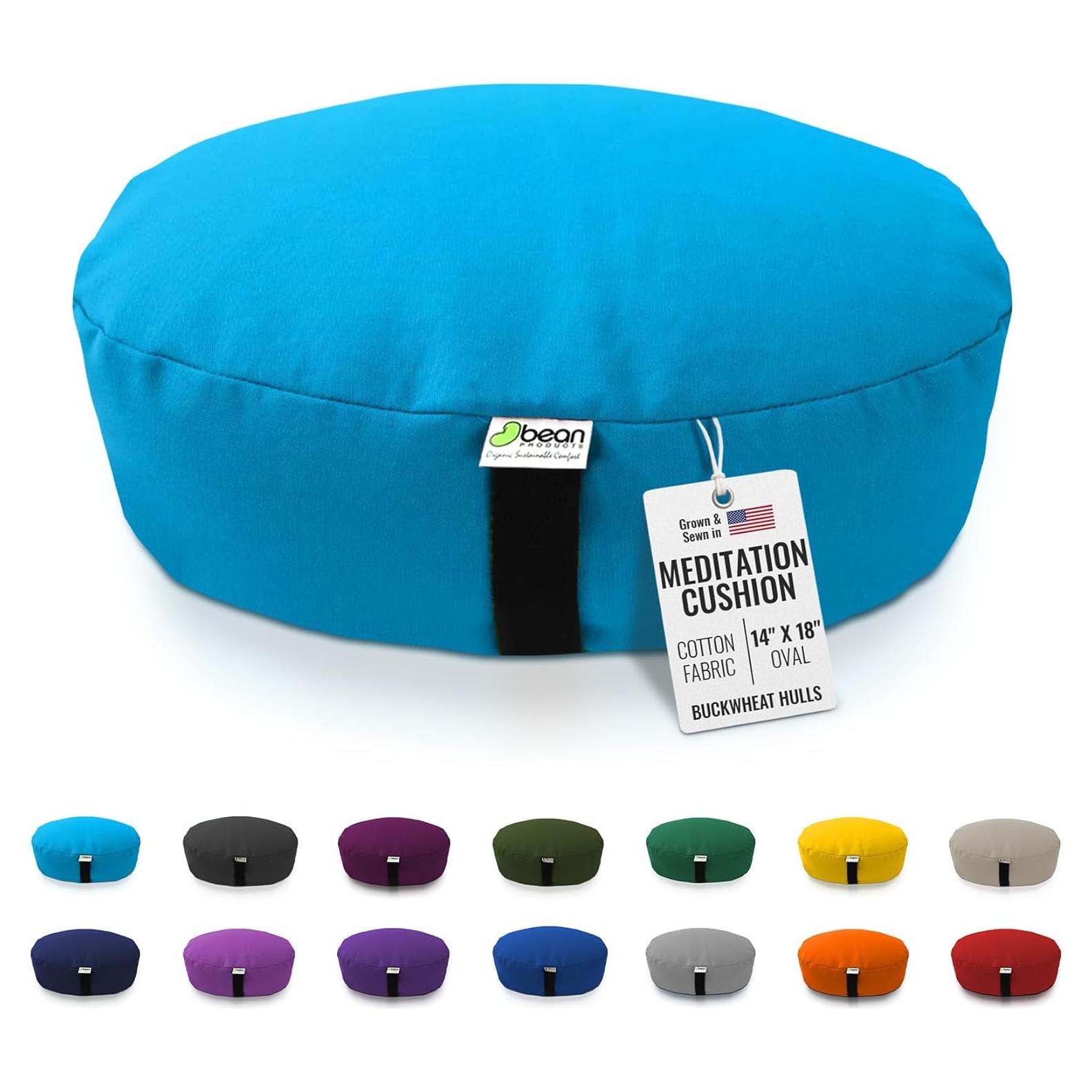 Bean Products Zafu Meditation Pillows for Sitting on Floor, Yoga Cushion, Cotton/Buckwheat Fill Yoga Pillow, Zafu Meditation Cushion, Zen Kneeling Prayer Pad- Made in USA - 14"x18" Oval - Aqua