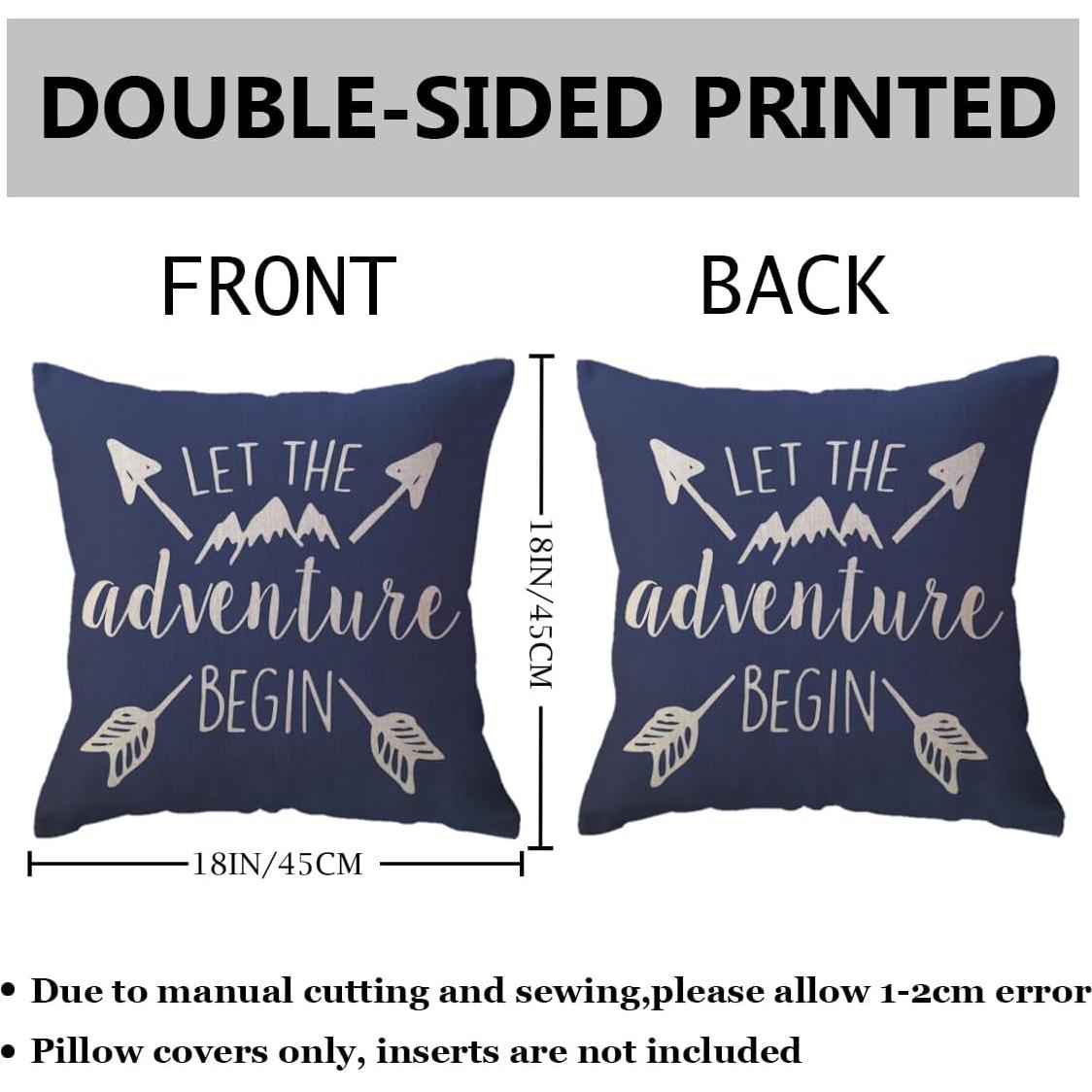 Adventure Arrow Throw Pillow Covers Mountain Forest Pillowcases 18 x 18 Inch Let The Adventure Begin Decorative Cushion Covers for Cabin/Camper (Blue)