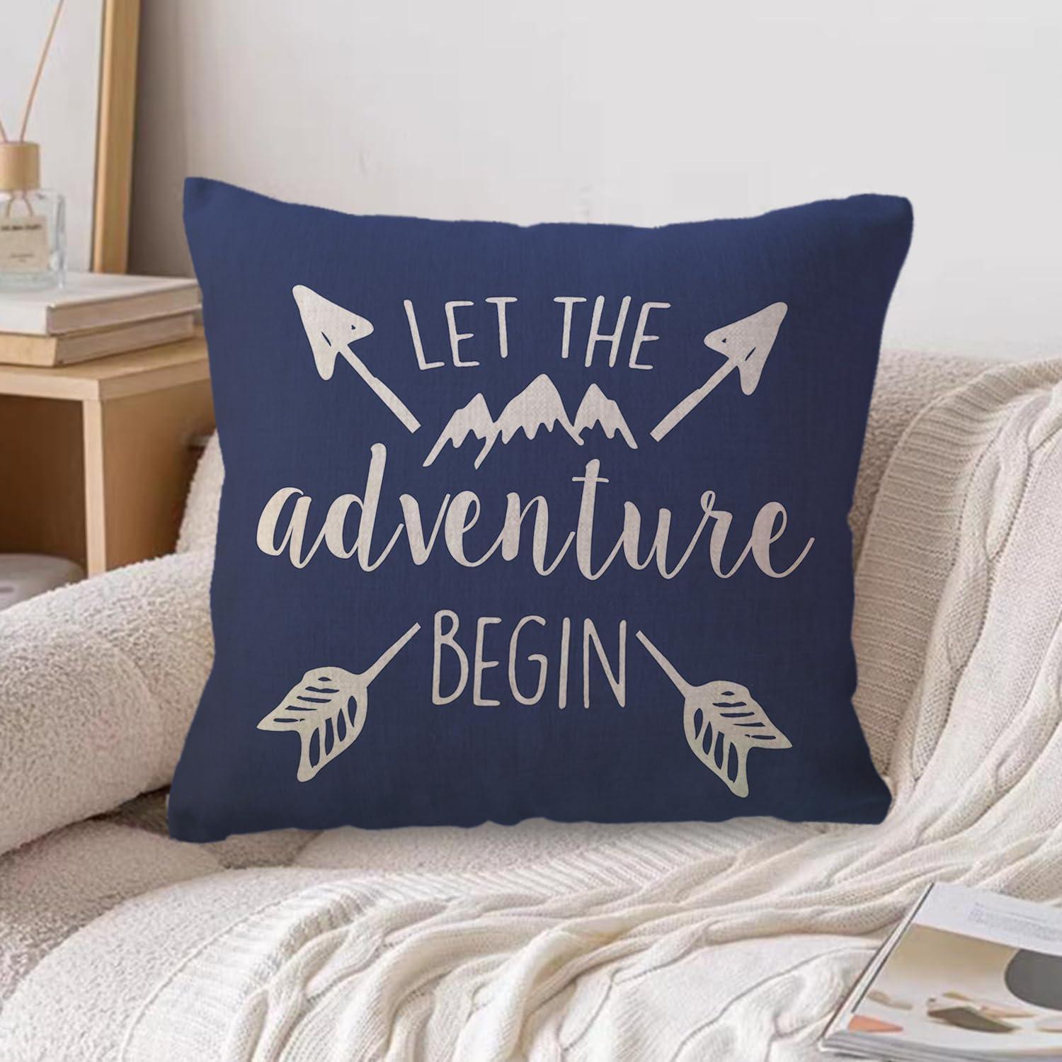 Adventure Arrow Throw Pillow Covers Mountain Forest Pillowcases 18 x 18 Inch Let The Adventure Begin Decorative Cushion Covers for Cabin/Camper (Blue)