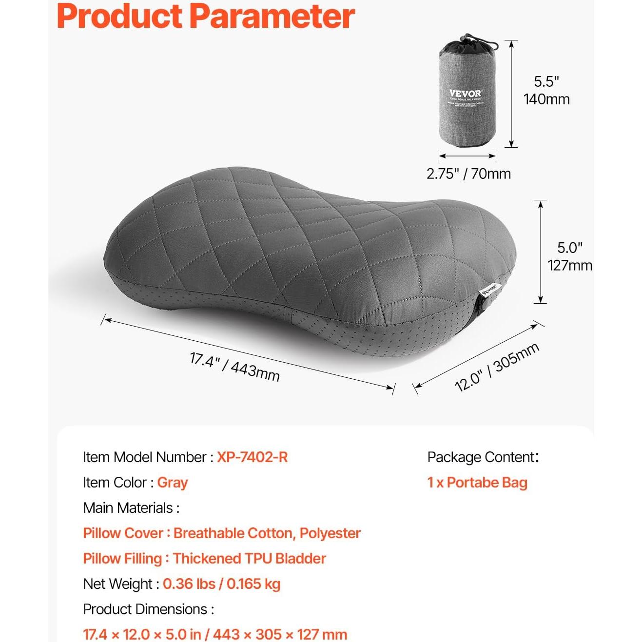 Almohada Inflable VEVOR Camping 44.2x30.5cm Suave y Portátil